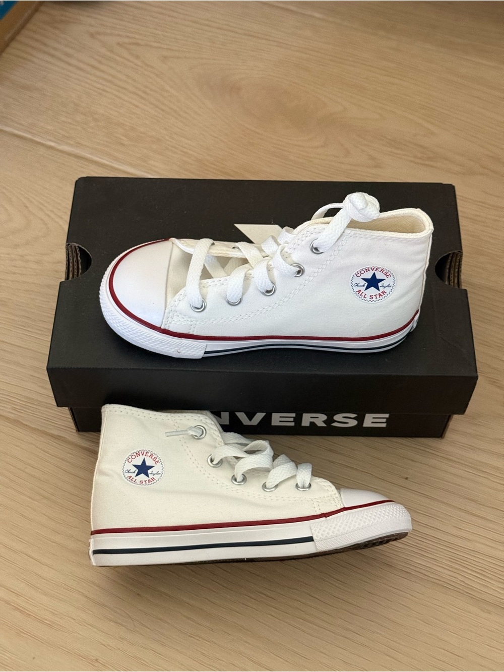 Converse Kids White High Top Sneakers with Red Trim